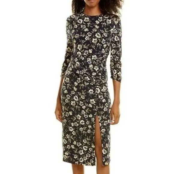 Laundry by Shelli Segal Floral High Neck Slit 3/4 Sleeve Midi Dress Navy 12 - Picture 1 of 8